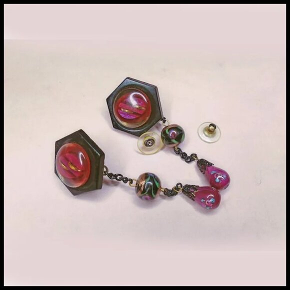 Black Burgundy Long Dangle Earrings Made With Vintage OOAK One of a Kind - Picture 5 of 9